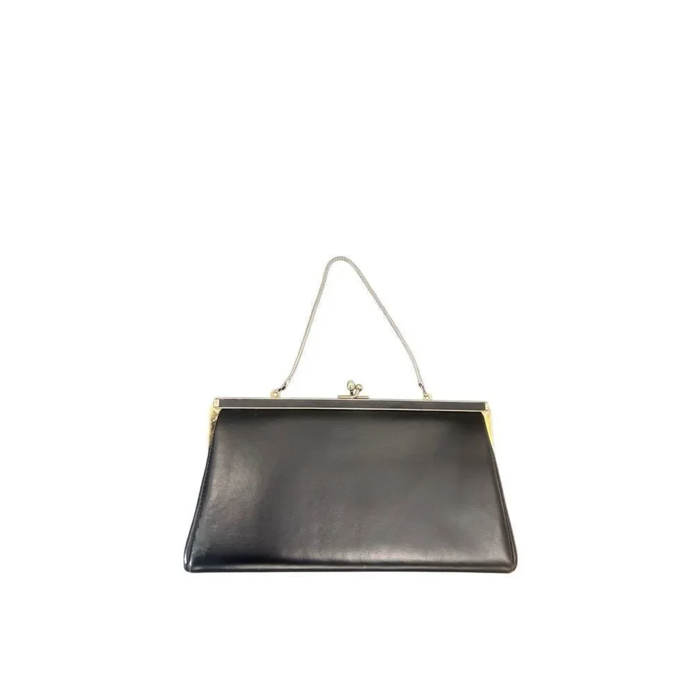 Ande Vintage Black Leather Clutch Evening Bag With Chain Strap